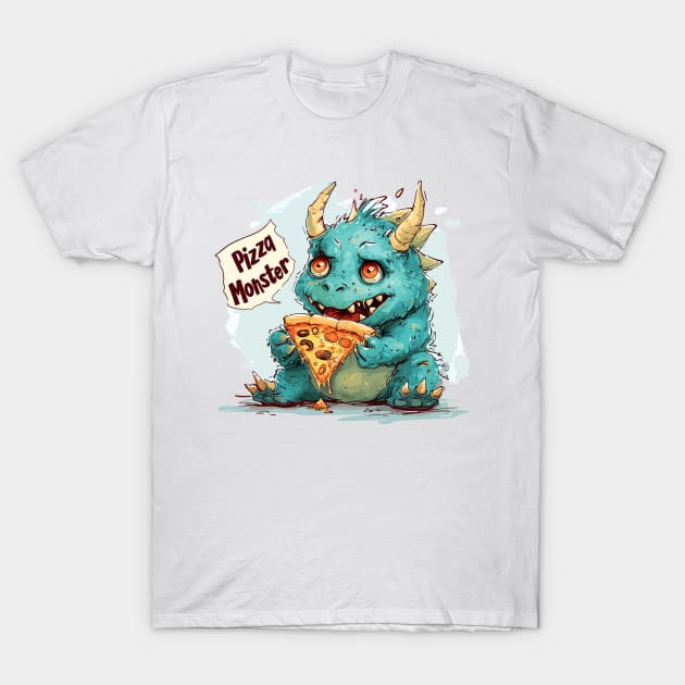 Cute Pizza Eating Monster T-Shirt by Obotan Mmienu